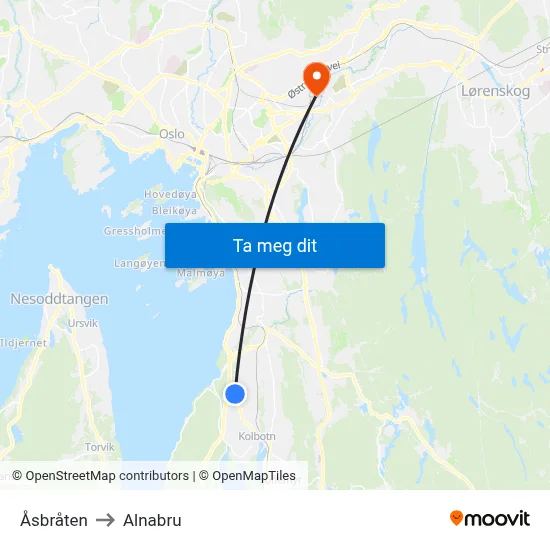 Åsbråten to Alnabru map