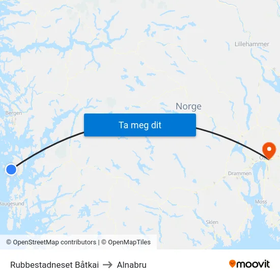 Rubbestadneset Båtkai to Alnabru map