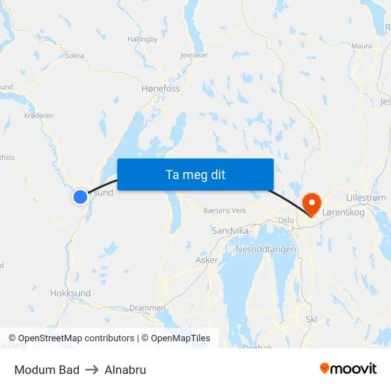 Modum Bad to Alnabru map