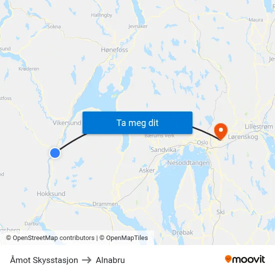 Åmot Skysstasjon to Alnabru map