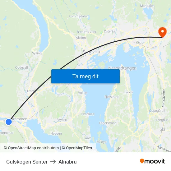 Gulskogen Senter to Alnabru map