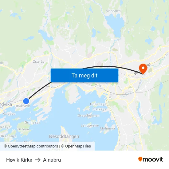 Høvik Kirke to Alnabru map