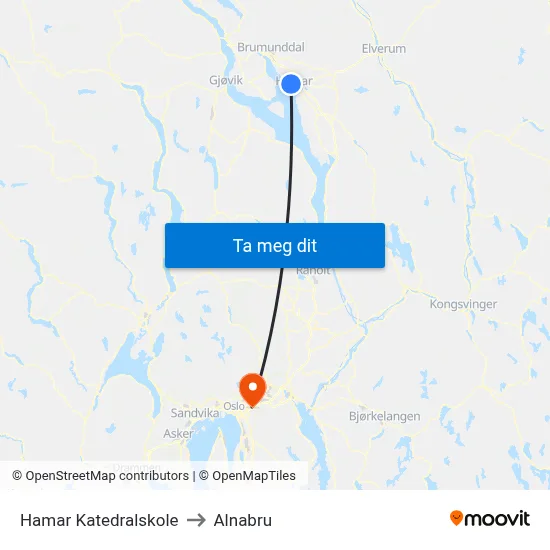 Hamar Katedralskole to Alnabru map