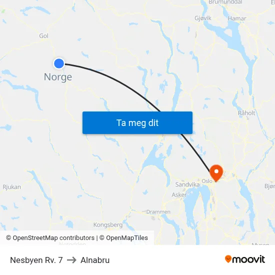Nesbyen Rv. 7 to Alnabru map