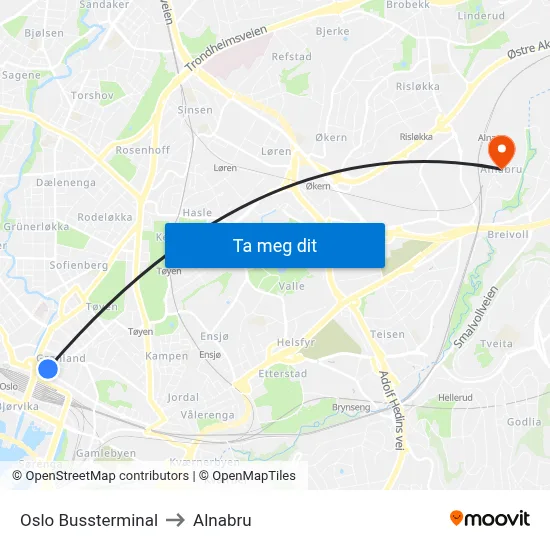 Oslo Bussterminal to Alnabru map