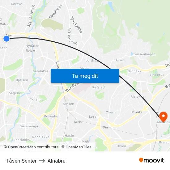 Tåsen Senter to Alnabru map
