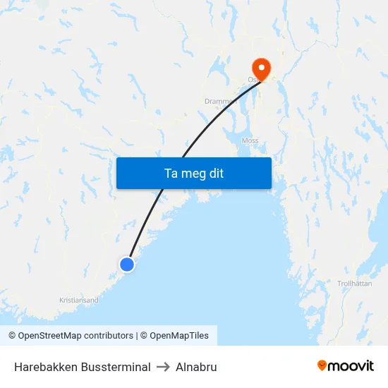 Harebakken Bussterminal to Alnabru map