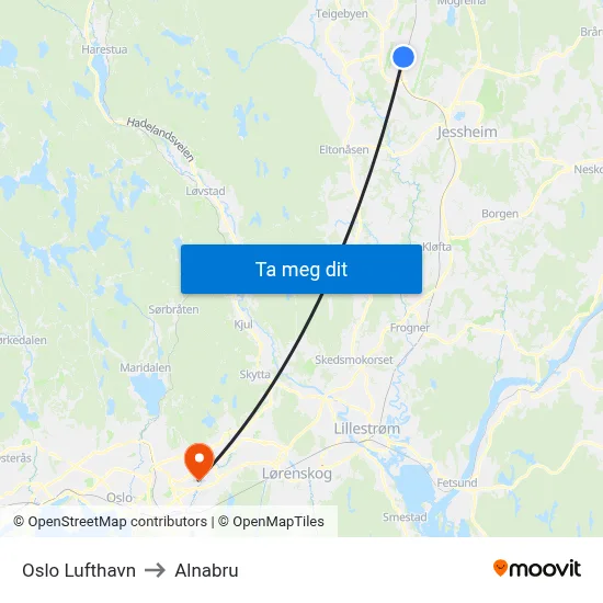 Oslo Lufthavn to Alnabru map