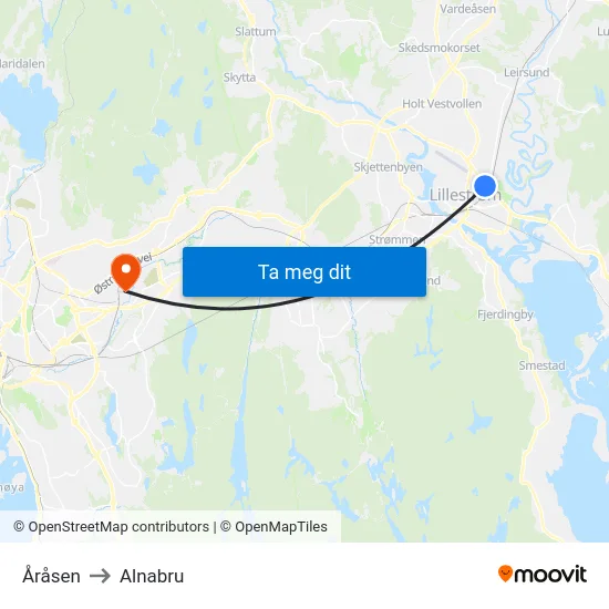 Åråsen to Alnabru map