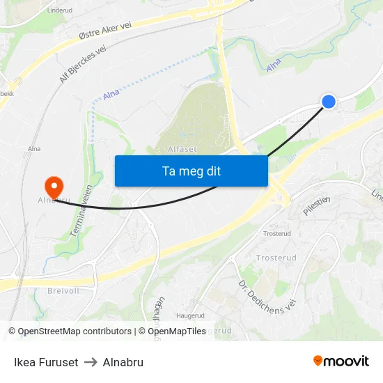 Ikea Furuset to Alnabru map