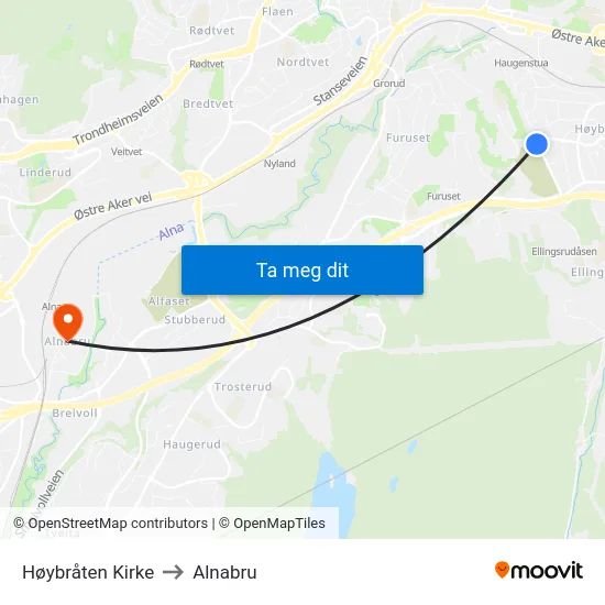Høybråten Kirke to Alnabru map