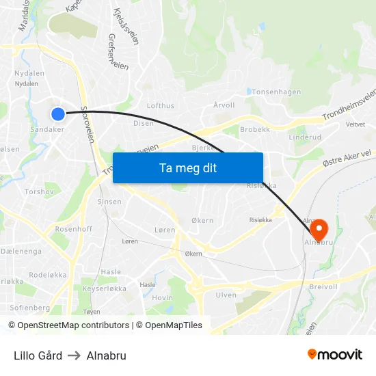 Lillo Gård to Alnabru map