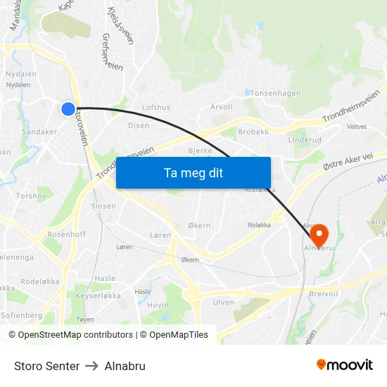 Storo Senter to Alnabru map