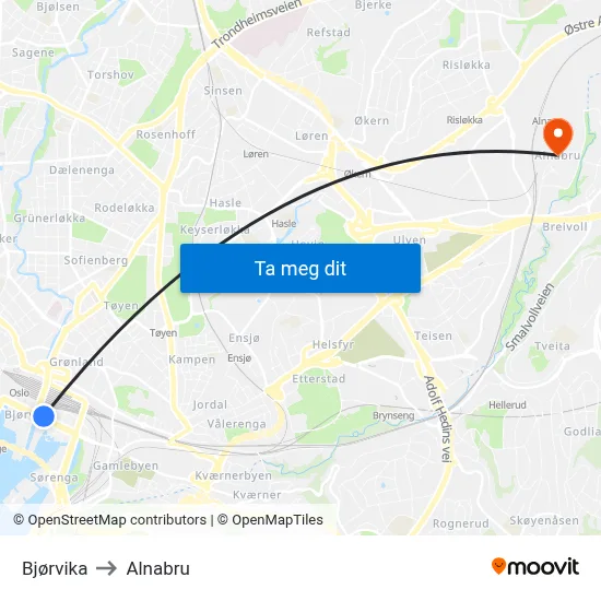 Bjørvika to Alnabru map