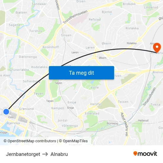 Jernbanetorget to Alnabru map