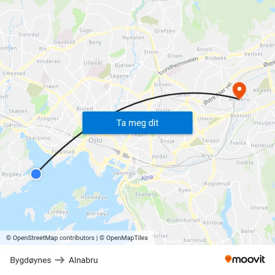 Bygdøynes to Alnabru map