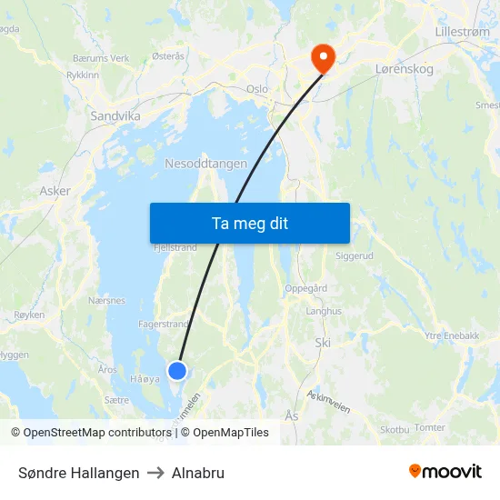 Søndre Hallangen to Alnabru map