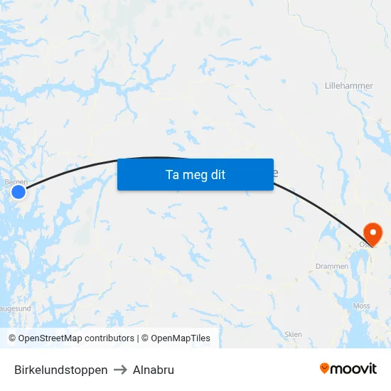 Birkelundstoppen to Alnabru map