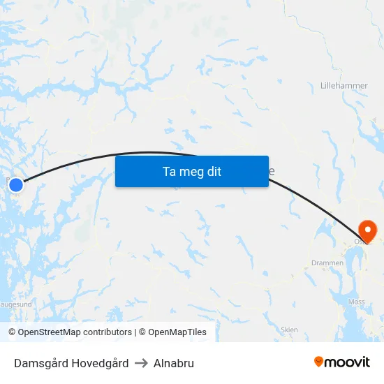 Damsgård Hovedgård to Alnabru map