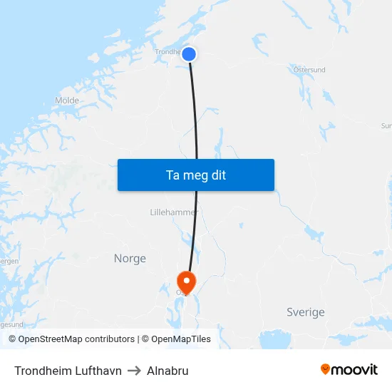 Trondheim Lufthavn to Alnabru map
