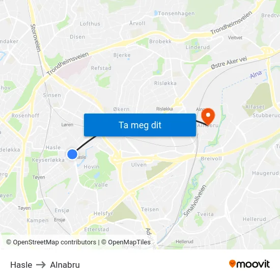 Hasle to Alnabru map