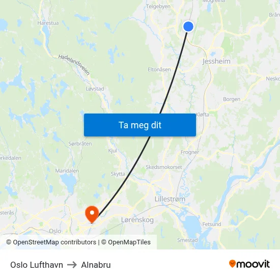 Oslo Lufthavn to Alnabru map