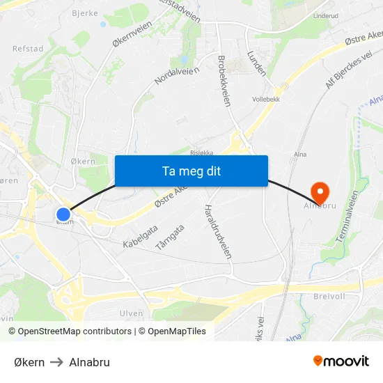 Økern to Alnabru map