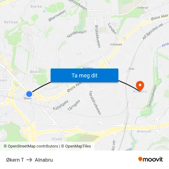 Økern T to Alnabru map
