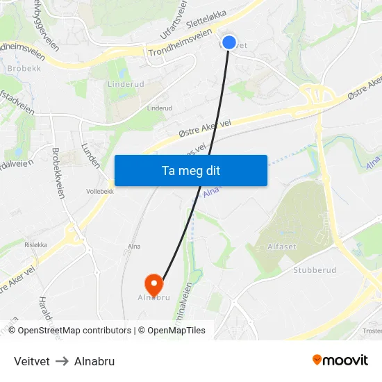 Veitvet to Alnabru map