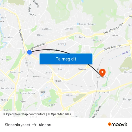 Sinsenkrysset to Alnabru map