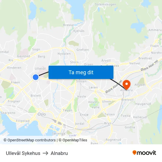 Ullevål Sykehus to Alnabru map