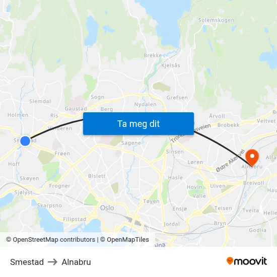 Smestad to Alnabru map