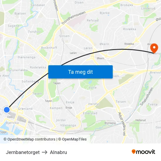 Jernbanetorget to Alnabru map