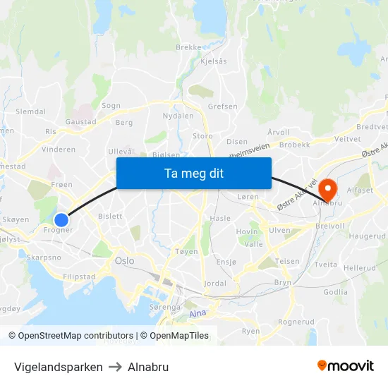 Vigelandsparken to Alnabru map