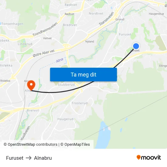 Furuset to Alnabru map