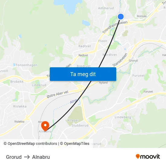 Grorud to Alnabru map