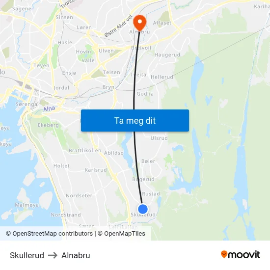 Skullerud to Alnabru map