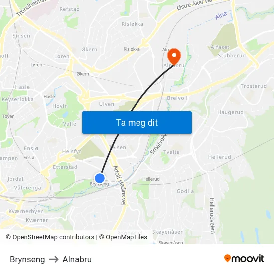 Brynseng to Alnabru map