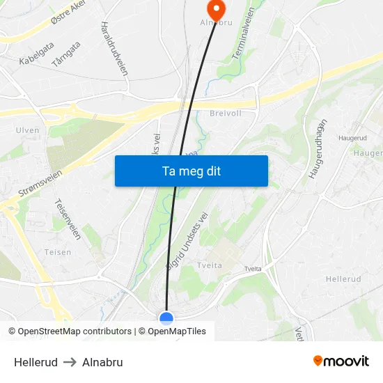 Hellerud to Alnabru map