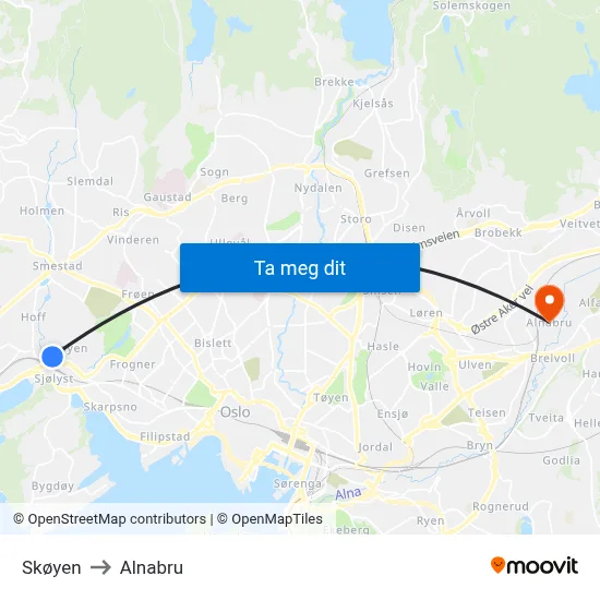 Skøyen to Alnabru map