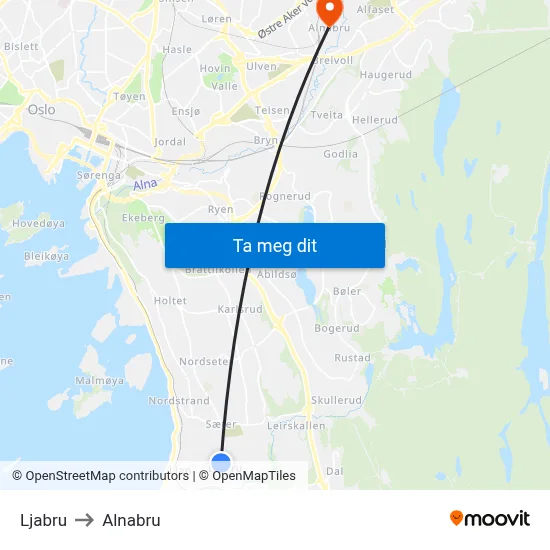 Ljabru to Alnabru map