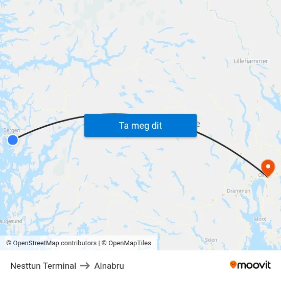 Nesttun Terminal to Alnabru map