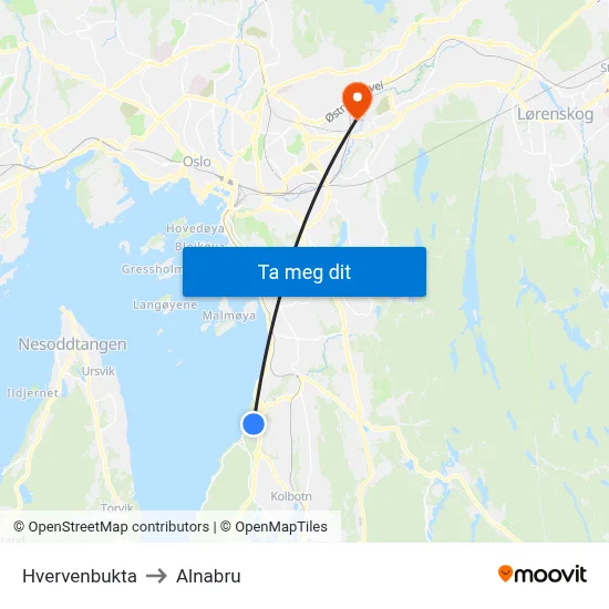 Hvervenbukta to Alnabru map