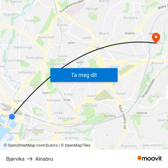 Bjørvika to Alnabru map