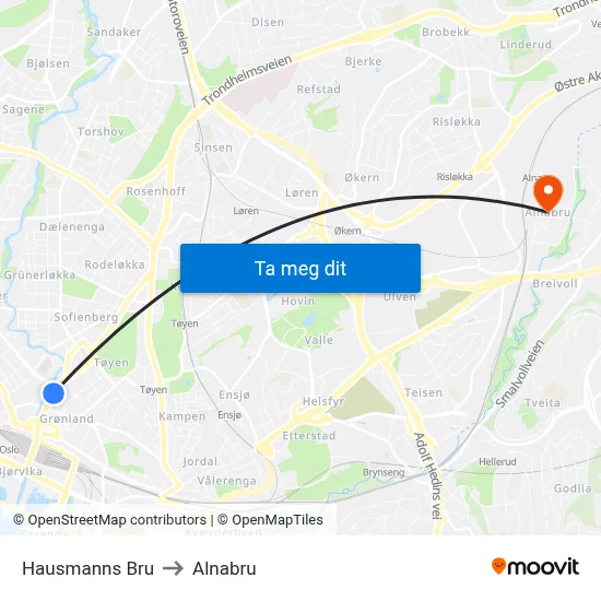 Hausmanns Bru to Alnabru map