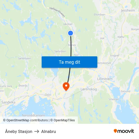 Åneby Stasjon to Alnabru map