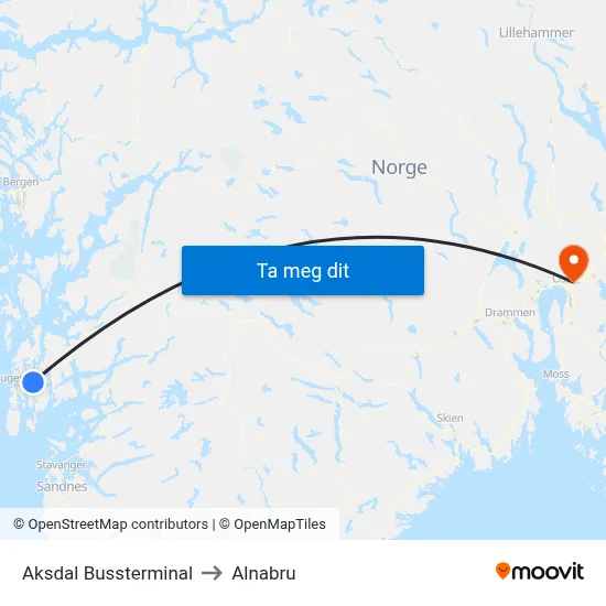 Aksdal Bussterminal to Alnabru map