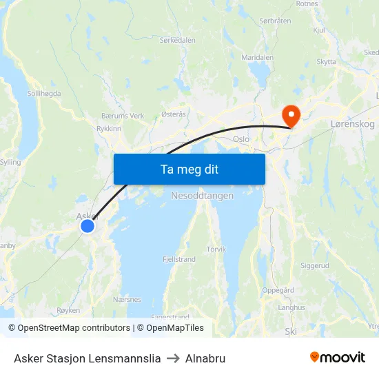 Asker Stasjon Lensmannslia to Alnabru map