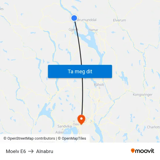 Moelv E6 to Alnabru map