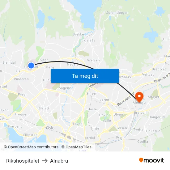 Rikshospitalet to Alnabru map